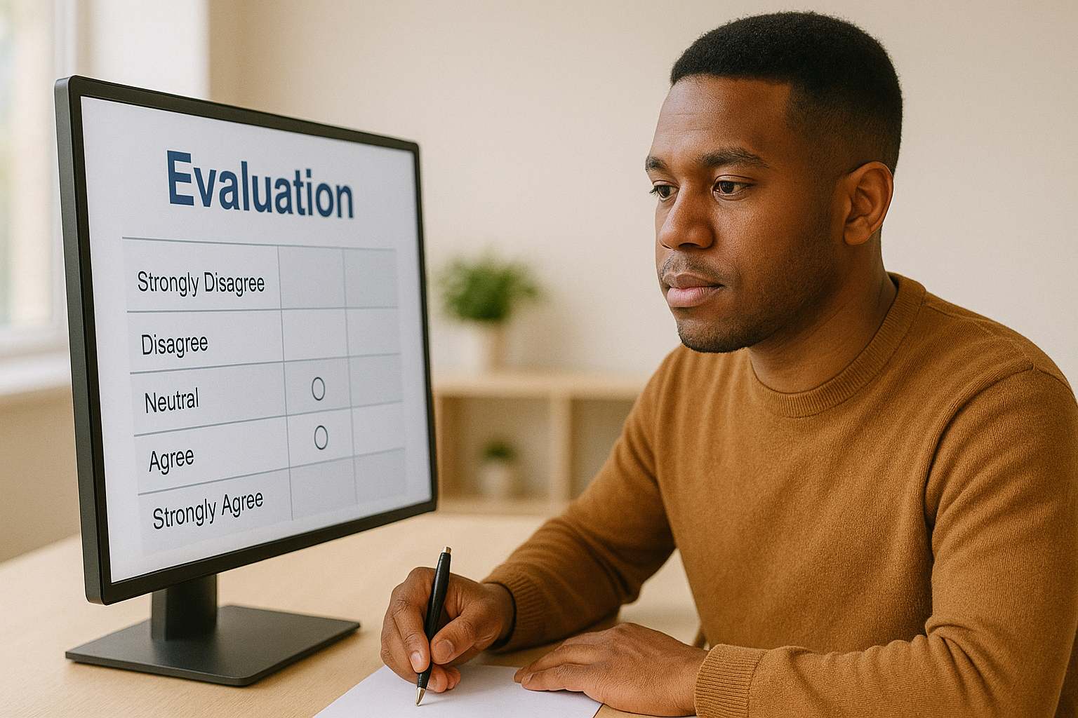 Man looking at evaluation screen