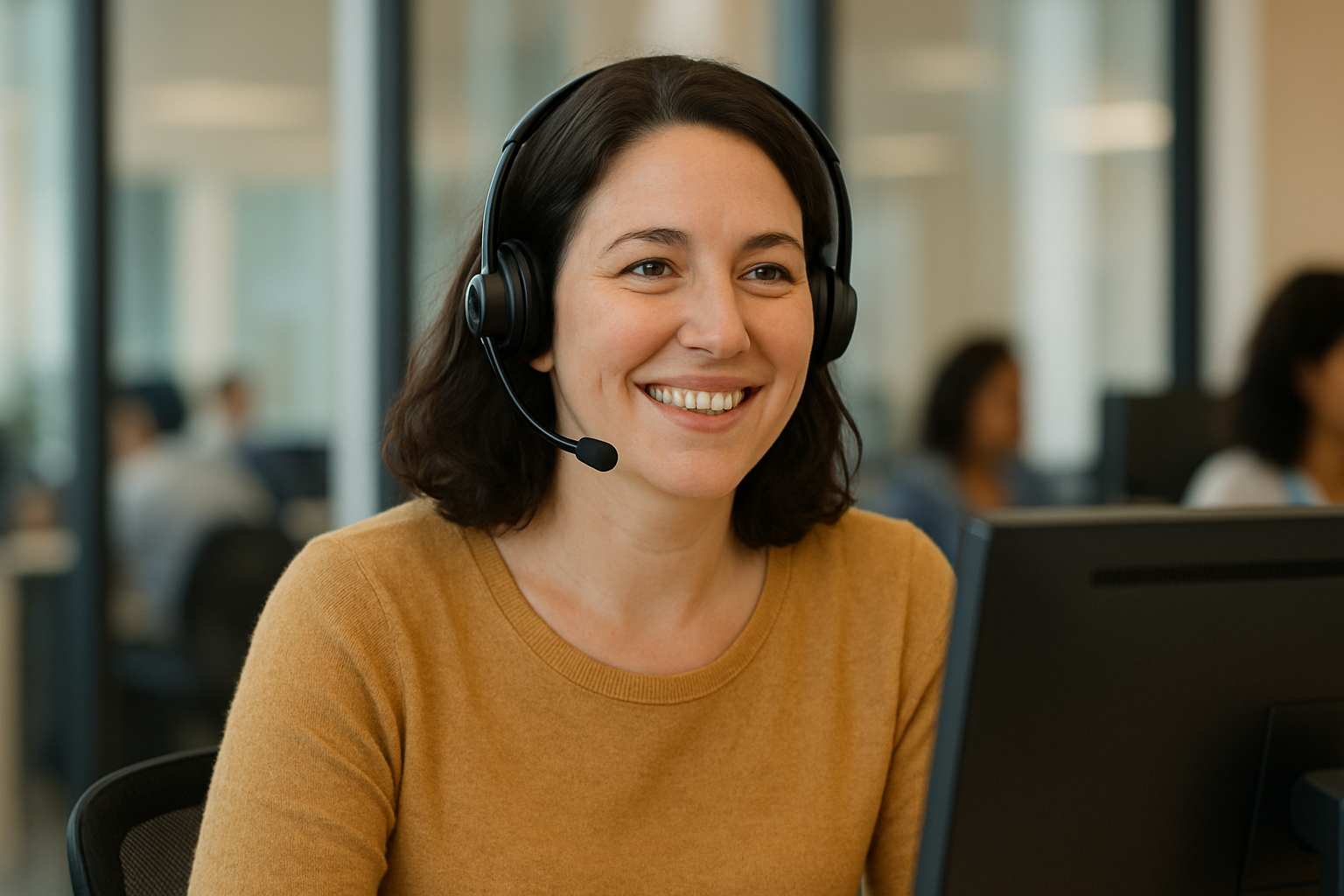 Smiling woman speaking on a headset