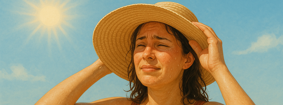 Woman shielding eyes from the sun with a wide-brimmed hat