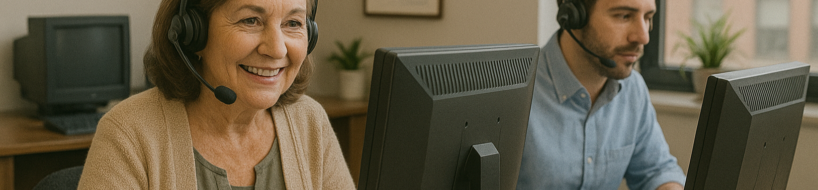 Smiling support staff helping clients